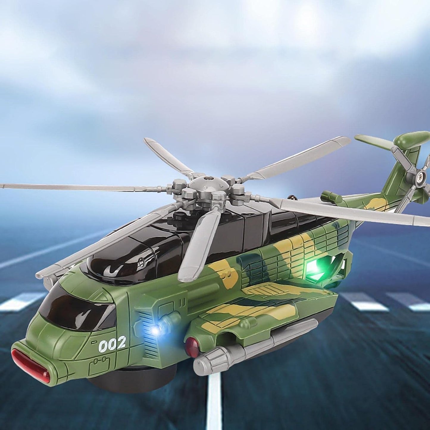 Green toy helicopter with spinning rotors and lights, suitable for kids aged 3-7 years, part of toys toy vehicles