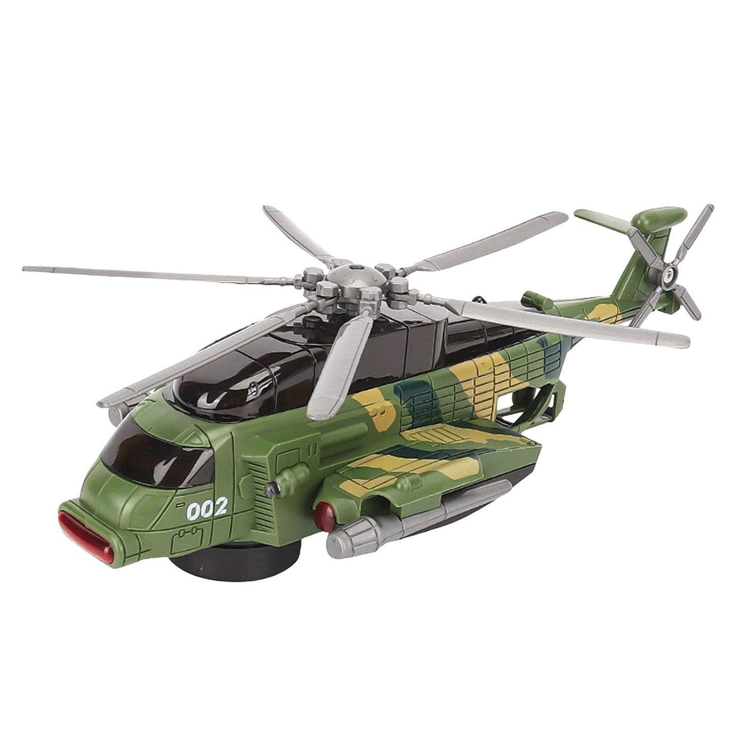 Green military helicopter toy vehicle for children aged 4 and up, featuring spinning rotors and detailed design