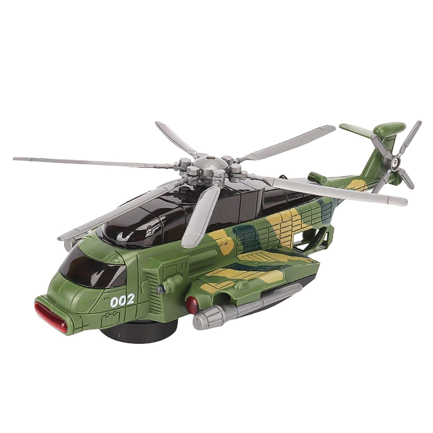 Green military helicopter toy vehicle for children aged 4 and up, featuring spinning rotors and detailed design