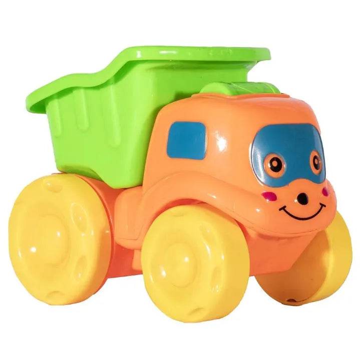 Bright orange and green rattling dumper toy truck with yellow wheels and smiling face for toddlers