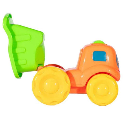 Colorful rattling dumper toy truck with green bucket and yellow wheels for kids play