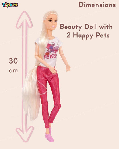 Role play toy set for girls featuring a 30cm beauty doll with long blonde hair and two happy pets