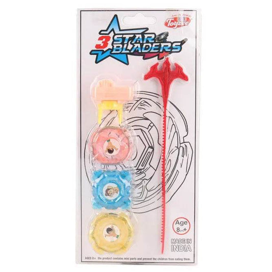 T-Rex The Toyland 3 Star Bladers spinning toy with red launcher and three colorful bladers in packaging
