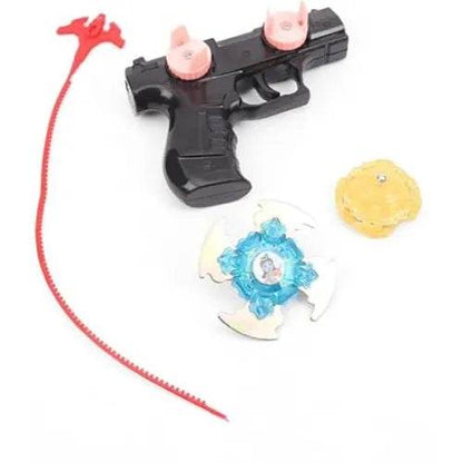 Black toy gun launcher with red pull cord and two metal bladers spinning toy pieces in blue and yellow