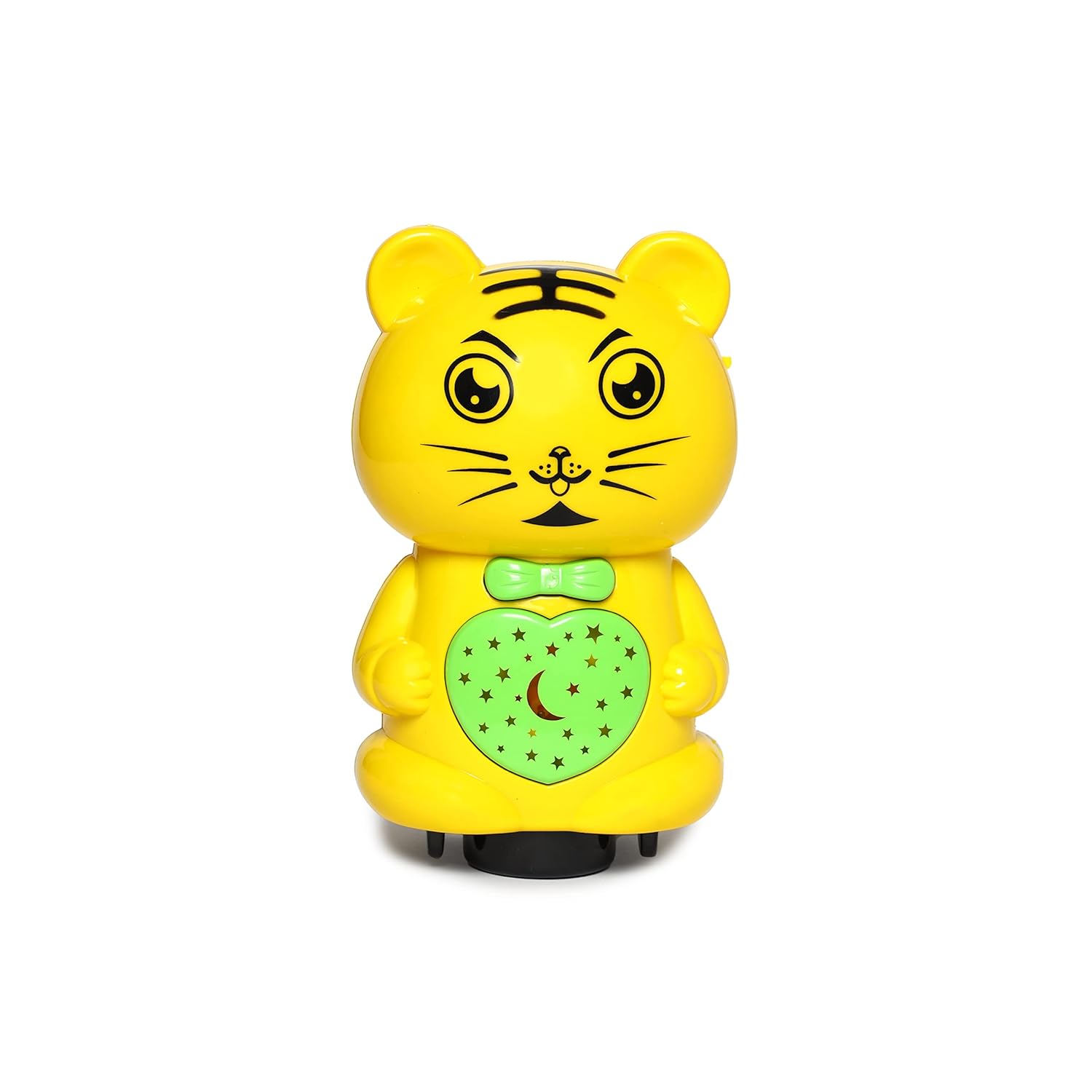 Toyzone yellow musical battery operated bump and go toy shaped like a cute tiger with green heart detail