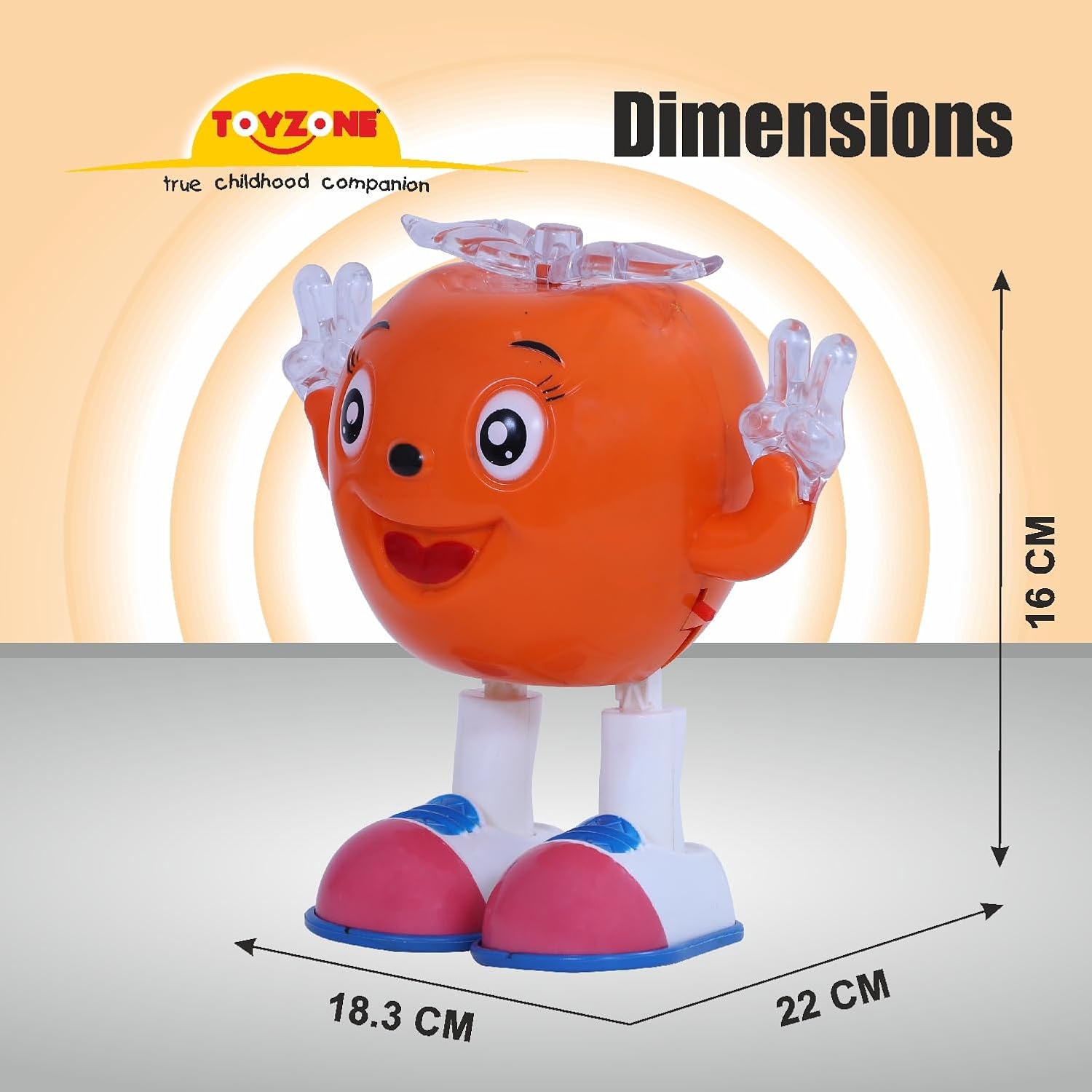 Toyzone dancing apple musical toy with orange body, expressive eyes, and colorful shoes