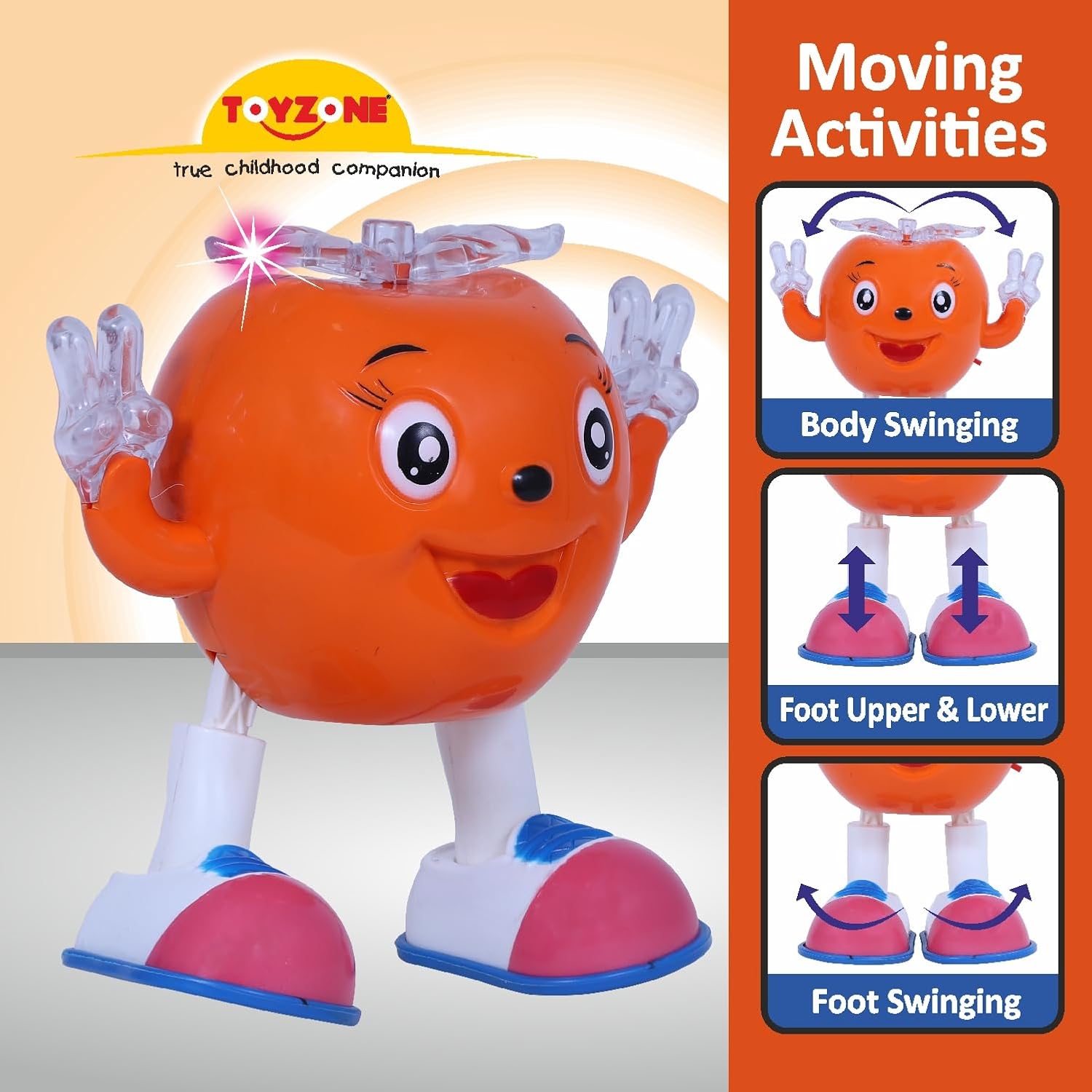 Toyzone dancing apple musical toy with orange body, big eyes, white and pink shoes showing body and foot swinging movements
