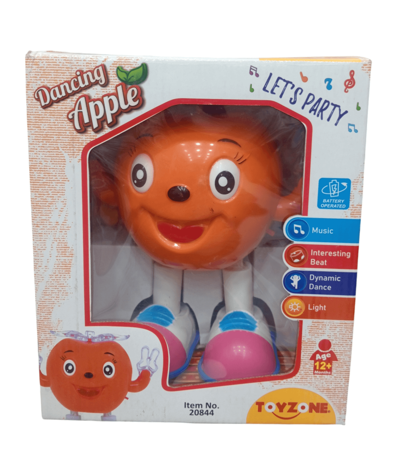 Toyzone dancing apple musical toy in packaging with orange animated apple character and colorful shoes