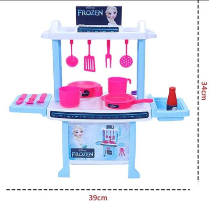 Frozen themed kitchen play set in blue and pink with toy utensils and stove for kids