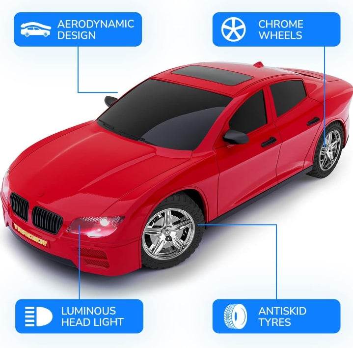 Red remote controlled car toy for kids with aerodynamic design luminous headlights chrome wheels and antiskid tires