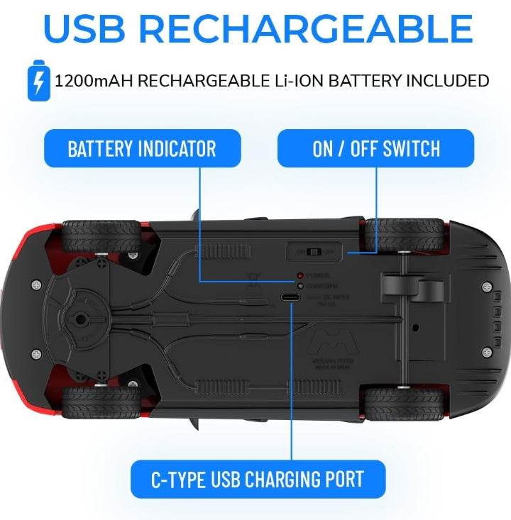 Bottom view of Mirana remote controlled car toy for kids showing USB rechargeable battery, charging port, and on off switch