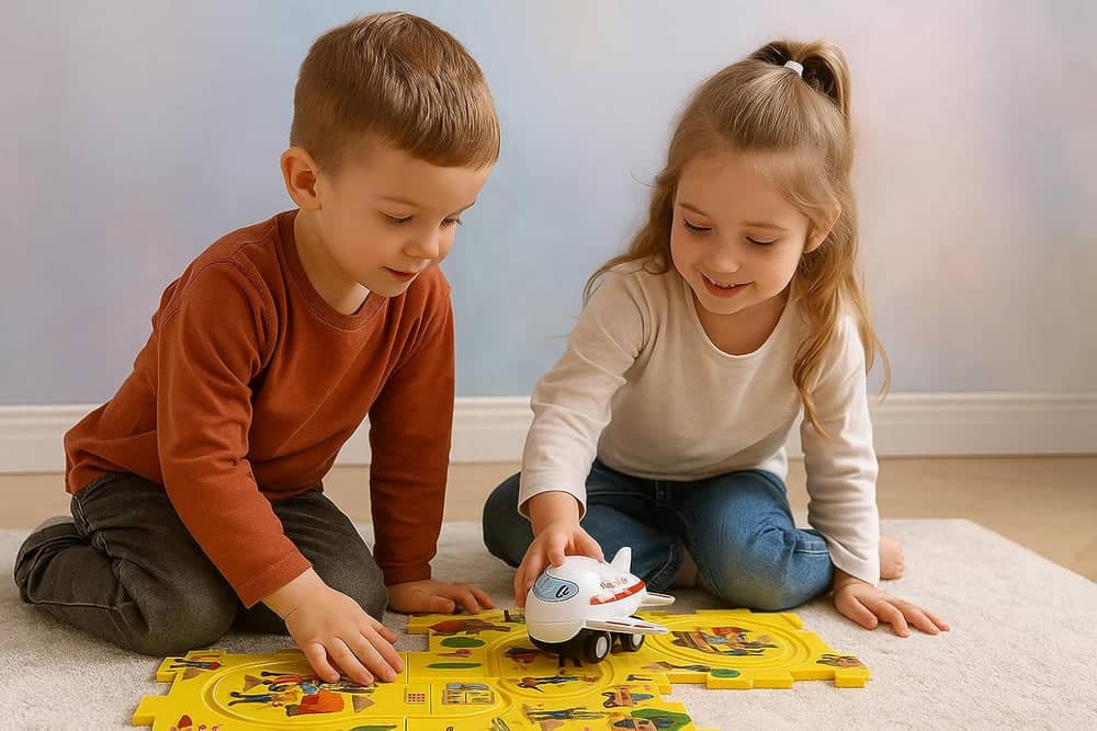 Kids playing with track train Amtrak on a colorful puzzle mat for ages 3-6 years