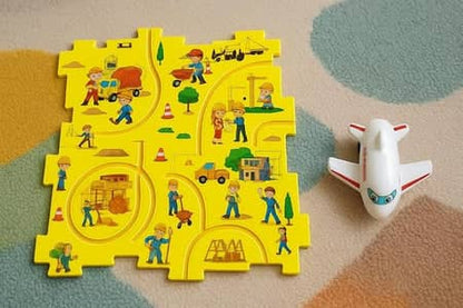 Colorful yellow track train Amtrak play mat with vehicles and construction scenes for toddlers