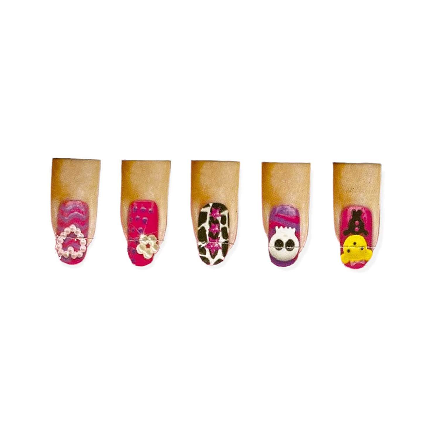 Colorful nail designs on fingers featuring cute and creative patterns from a nail art kit for girls