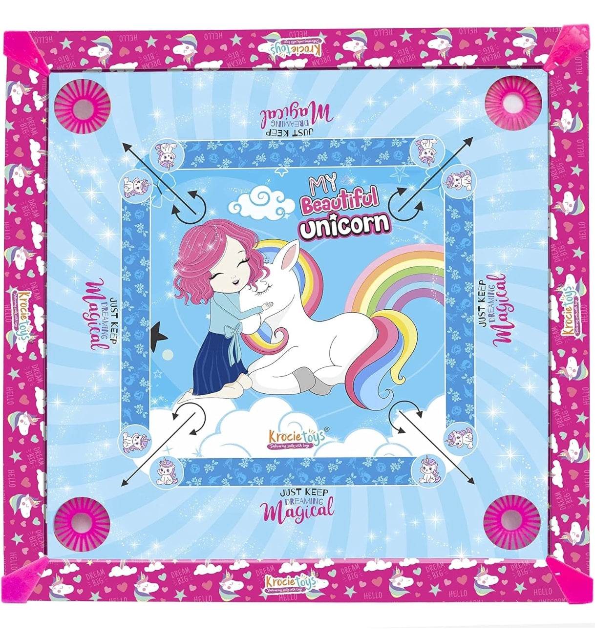 IToys unicorn carrom board for kids with colorful unicorn and rainbow design in blue and pink