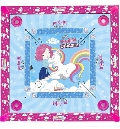 IToys unicorn carrom board for kids with colorful unicorn and rainbow design in blue and pink