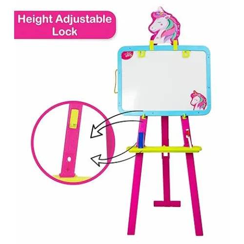 Unicorn easel writing board for kids with height adjustable lock and colorful pink frame