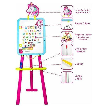 Unicorn easel writing board for kids with magnetic letters, dry erase marker, chalk, and paper clip