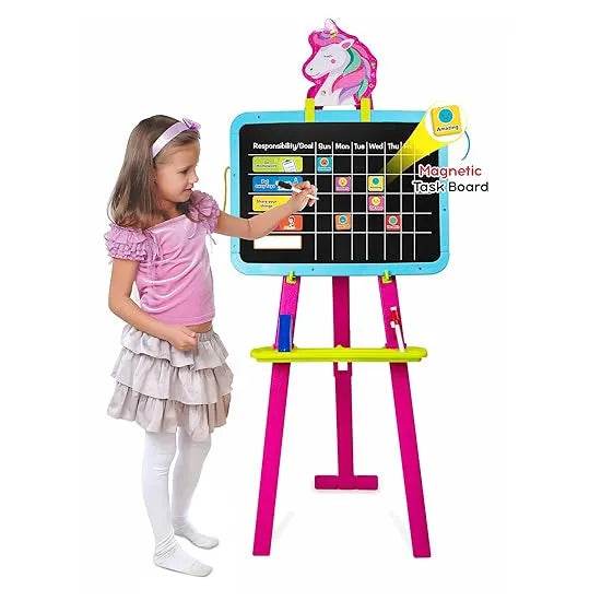 Unicorn easel writing board for kids with magnetic task board and colorful frame used by a young girl