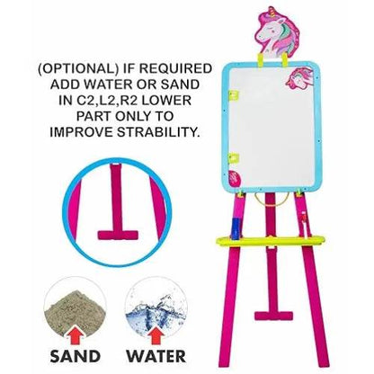 Unicorn easel writing board for kids with pink and blue frame featuring a whiteboard and stability option with sand or water