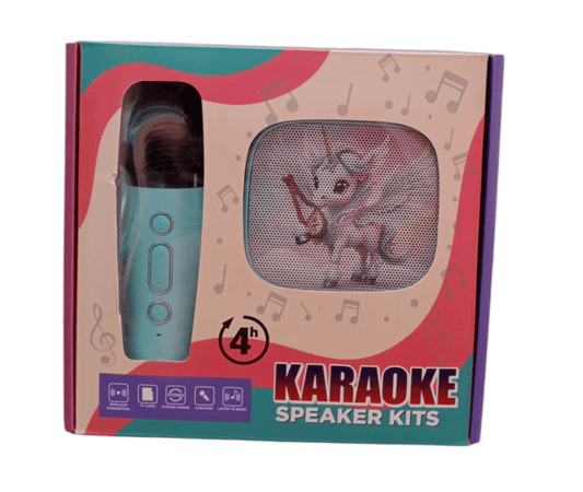 Unicorn karaoke speaker for kids with blue microphone and colorful music note packaging