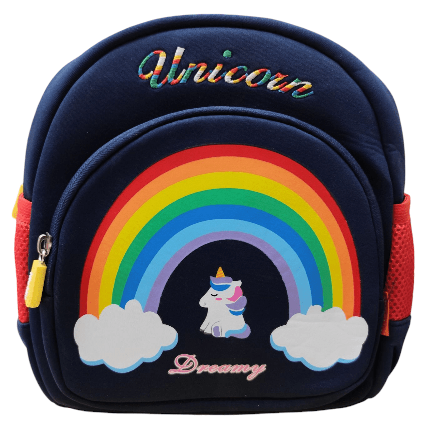 Navy blue unicorn rainbow kids backpack with colorful rainbow, unicorn graphic, and front zipper pocket