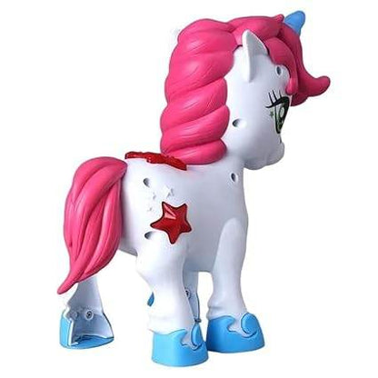 White unicorn toy with pink mane and blue hooves suitable for ages 3 and up