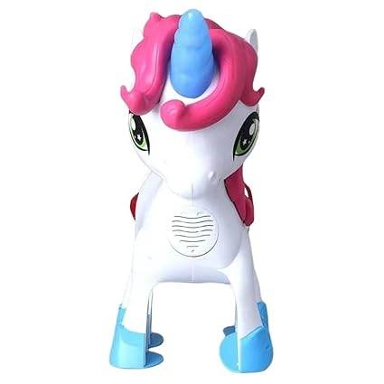 white unicorn toy with pink mane and blue hooves for 3-7 years