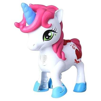 White and pink unicorn toy with a blue horn, suitable for kids aged 3-5 years