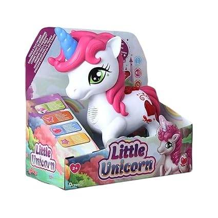 White unicorn toy with pink mane and blue horn suitable for 2 years and up
