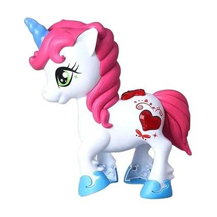 White unicorn toy with pink mane and heart designs for ages 3 and up