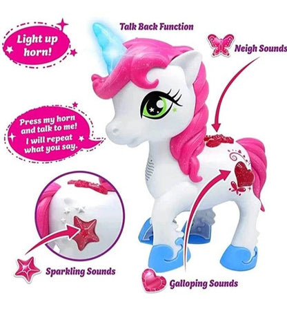 Interactive unicorn toy with light-up horn, pink mane, and sound features for ages 3 and up
