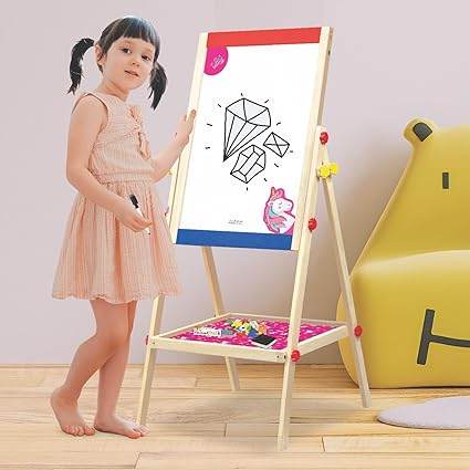 Wooden drawing easel for kids featuring unicorns, perfect for ages 3-7 years