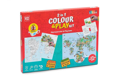 2 in 1 color and play kit with 3D glasses featuring world map coloring and learning activity