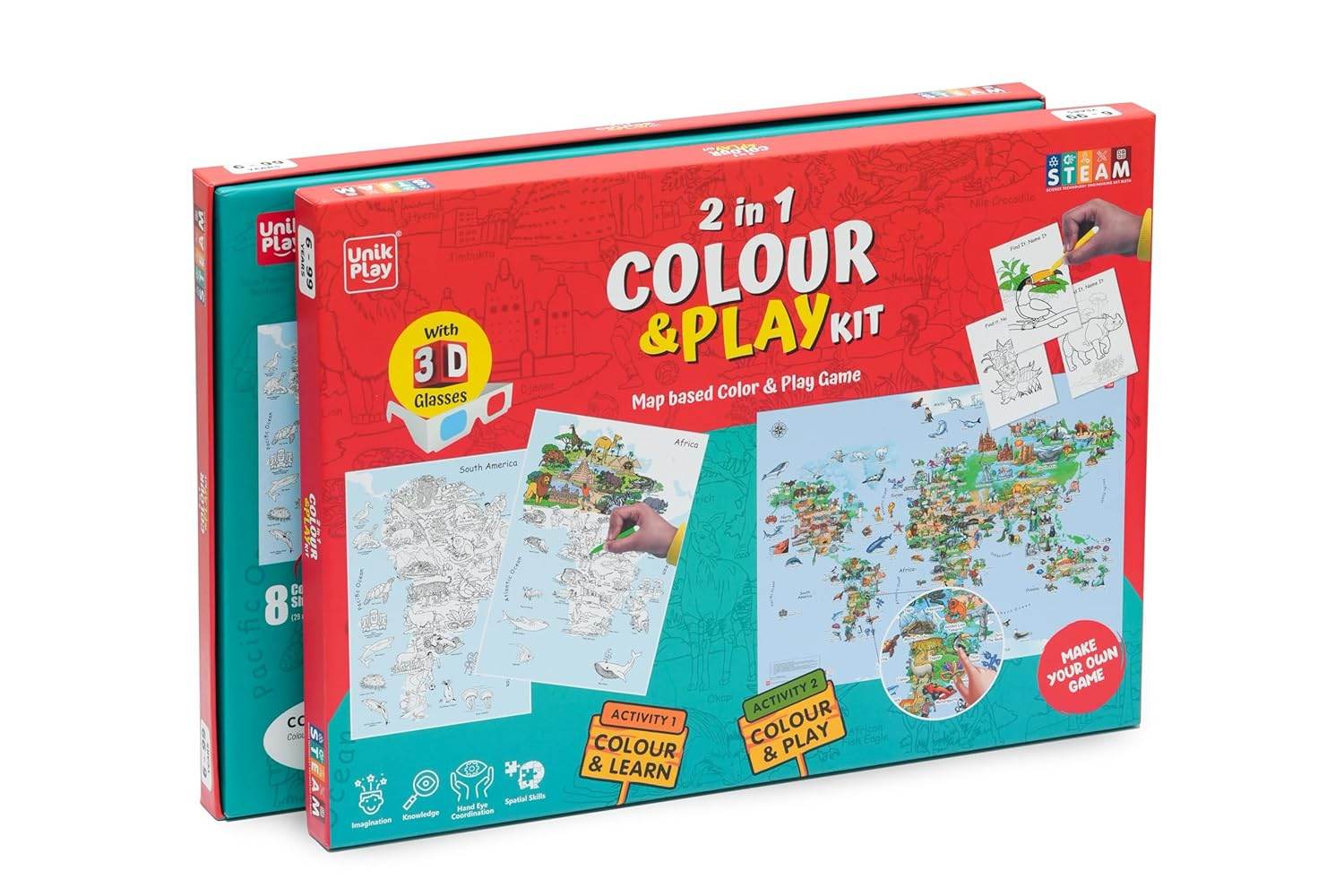 2 in 1 color and play kit educational map-based coloring and play game with 3D glasses by T-Rex the toyland Sitamarhi
