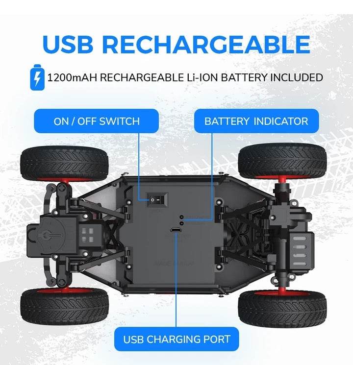 Bottom view of Mirana usb rechargeable remote control vehicle showing on off switch, battery indicator, and USB charging port