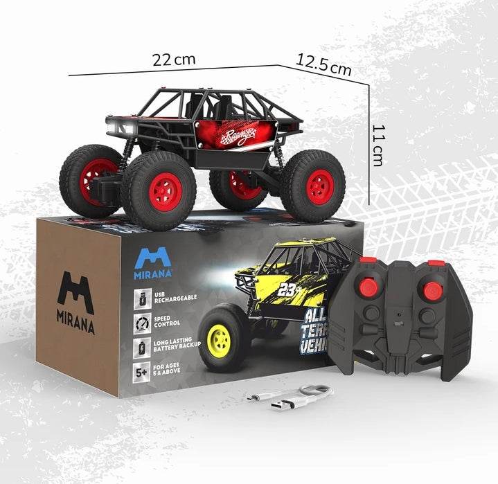 Mirana usb rechargeable remote control vehicle with large tires and black red design including remote and charging cable