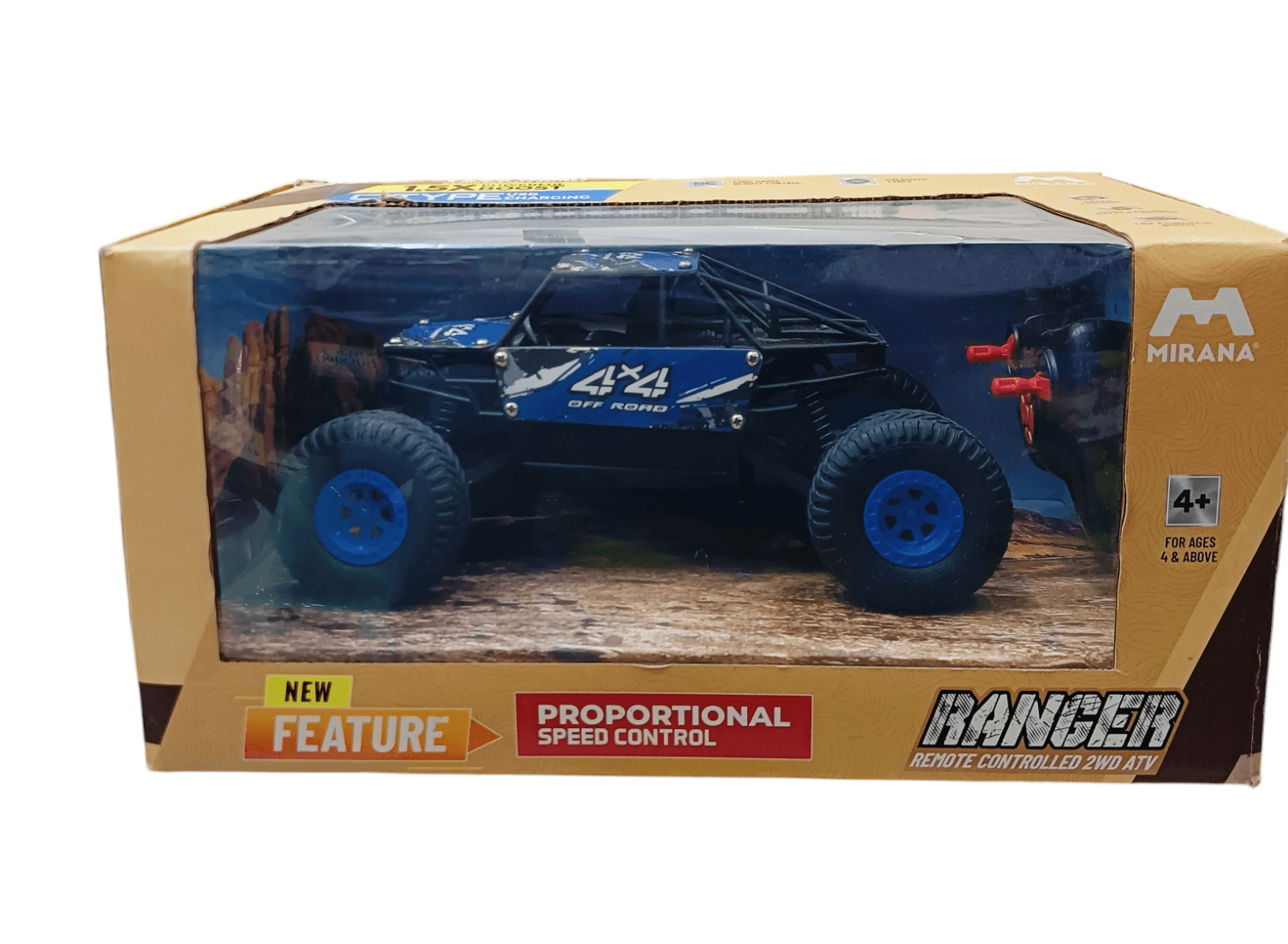 Mirana Ranger 4x4 remote control vehicle in packaging featuring usb rechargeable remote control vehicle