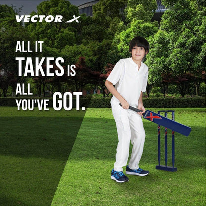 Blue cricket sport bat for kids with a playful boy ready to play cricket outdoors