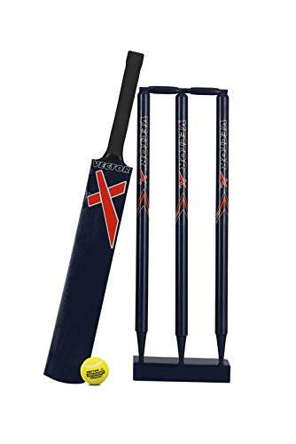 Blue cricket sport bat with ball and stumps designed for young players aged 5-10 years