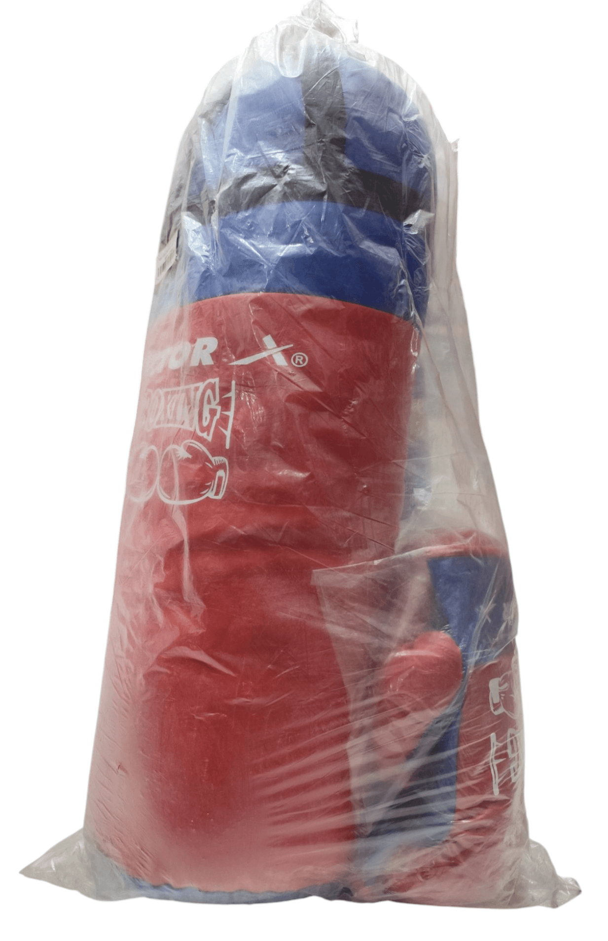 Vector X boxing set for kids featuring a red and blue punching bag and gloves in clear packaging