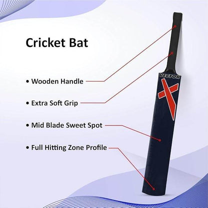 Vector X Wooden 1 Cricket bat + 3 Pcs. Wickets +1 Wicket base + 2 Bails +1 Tennis ball -with Carry Bag- Perfect for Outdoor Sports & Beach Play (Size: 6) for 12-15 Years Kids/Youth Cricket Kit - T-Rex the toyland Sitamarhi