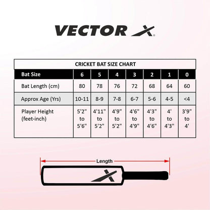 Vector X cricket bat size chart with bat lengths and player height for outdoor wooden cricket set for kids