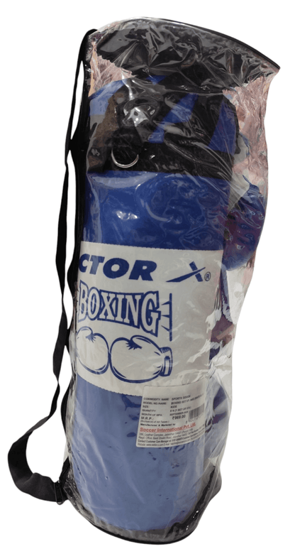 White blue boxing kit for children packed in a transparent bag with straps for easy carrying