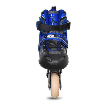 Vector x Viva 68mm inline skates for kids blue and black adjustable skate with front wheel view
