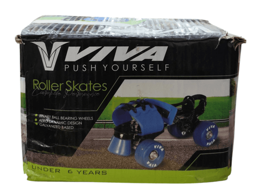 VIVA adjustable roller skates for kids under 6 years with blue and black design in box