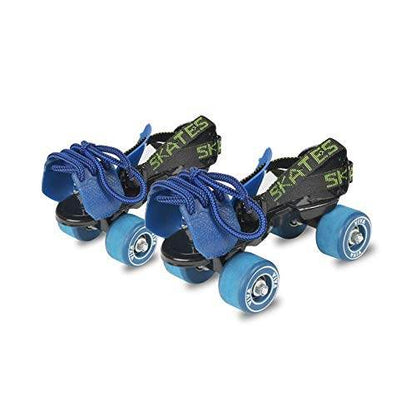 Blue adjustable roller skates for Seniors with black straps and sturdy blue wheels