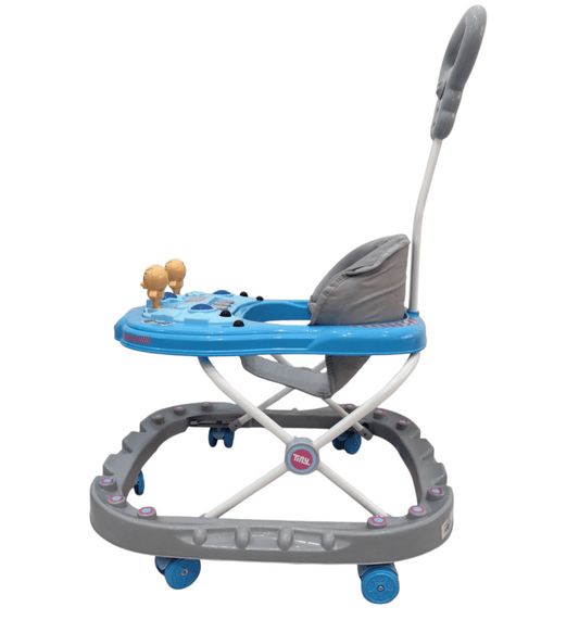 Blue walker paul with a padded seat and toys for babies aged 6-18 months