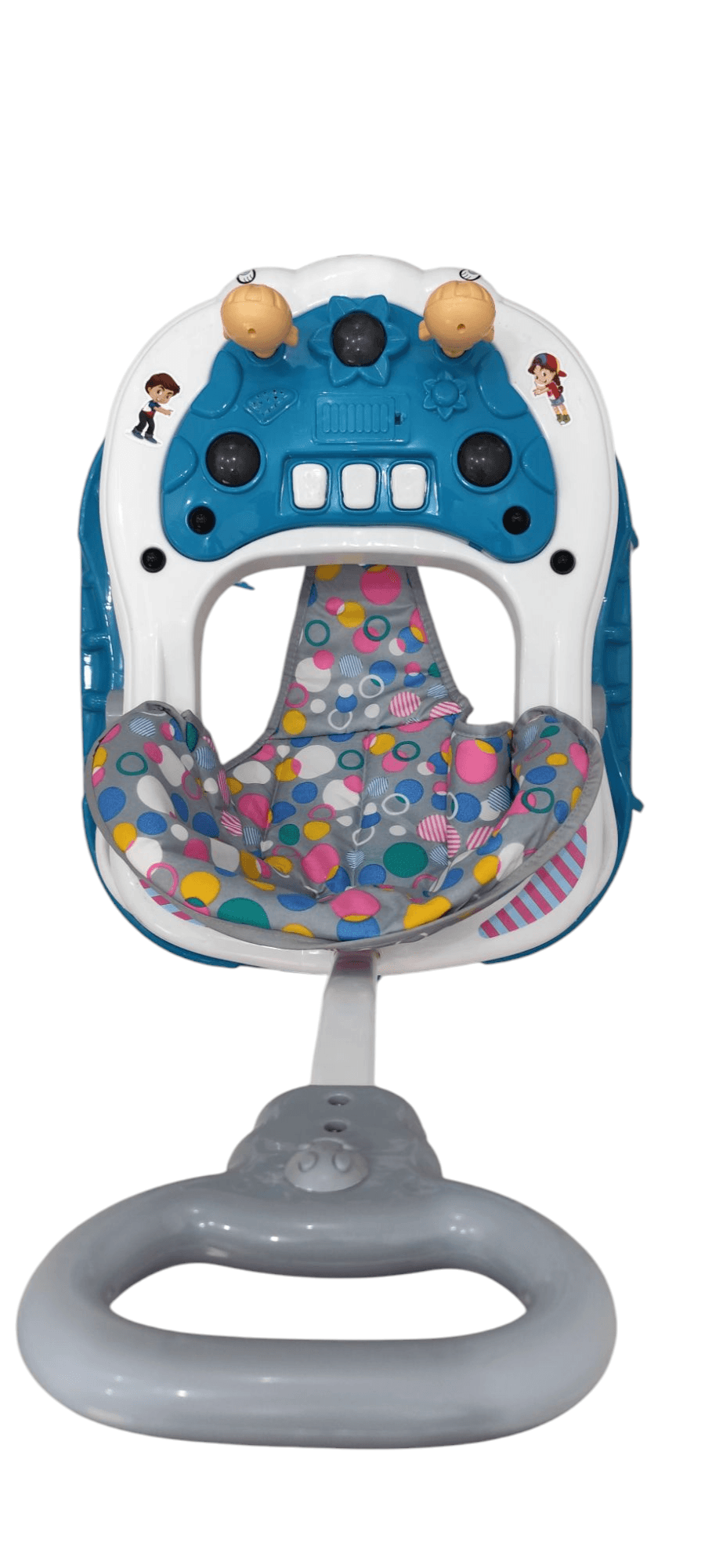 Blue and white baby walker paul with playful design and comfortable seat for infants