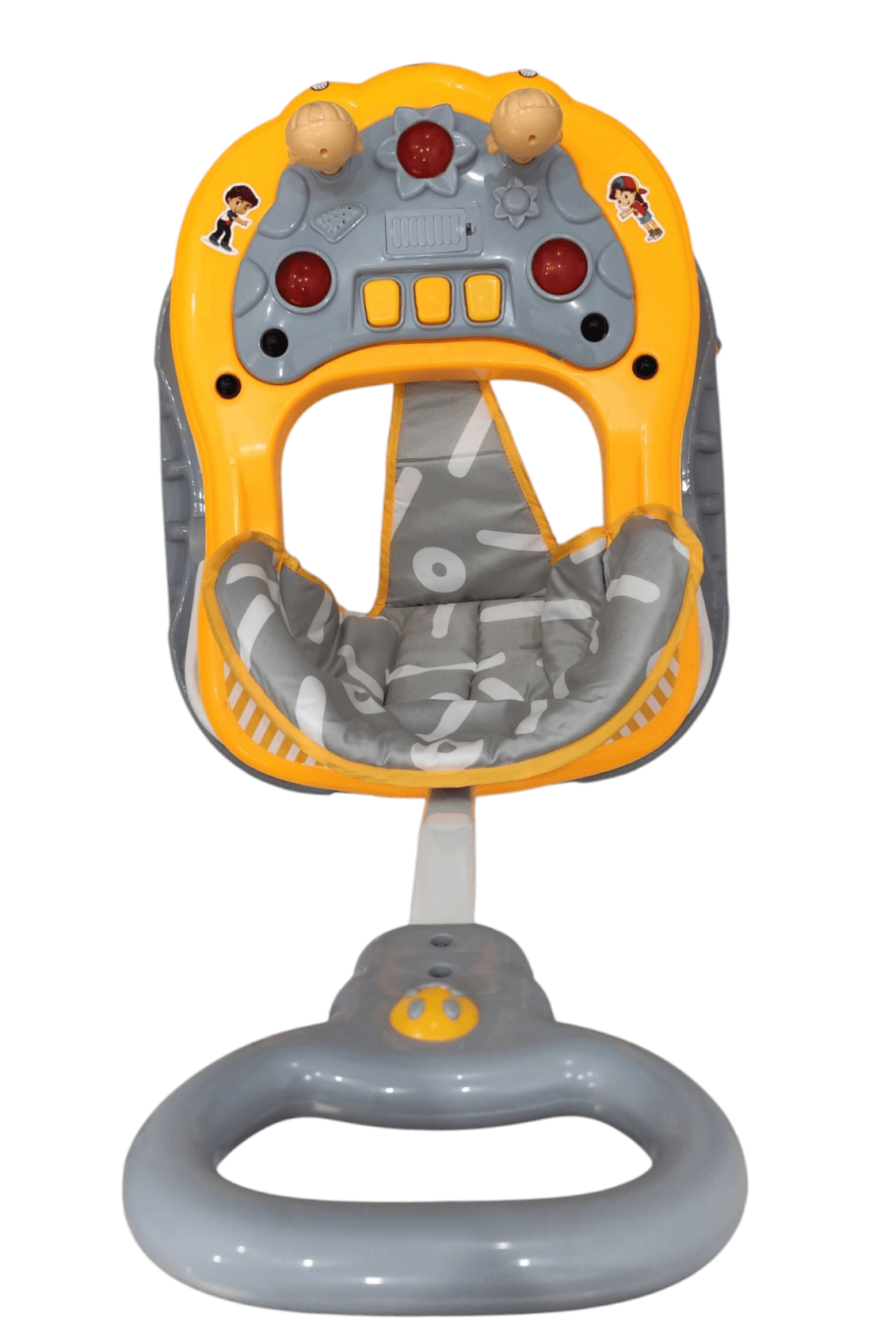Yellow and gray baby walker with interactive features, designed for infants using walker paul